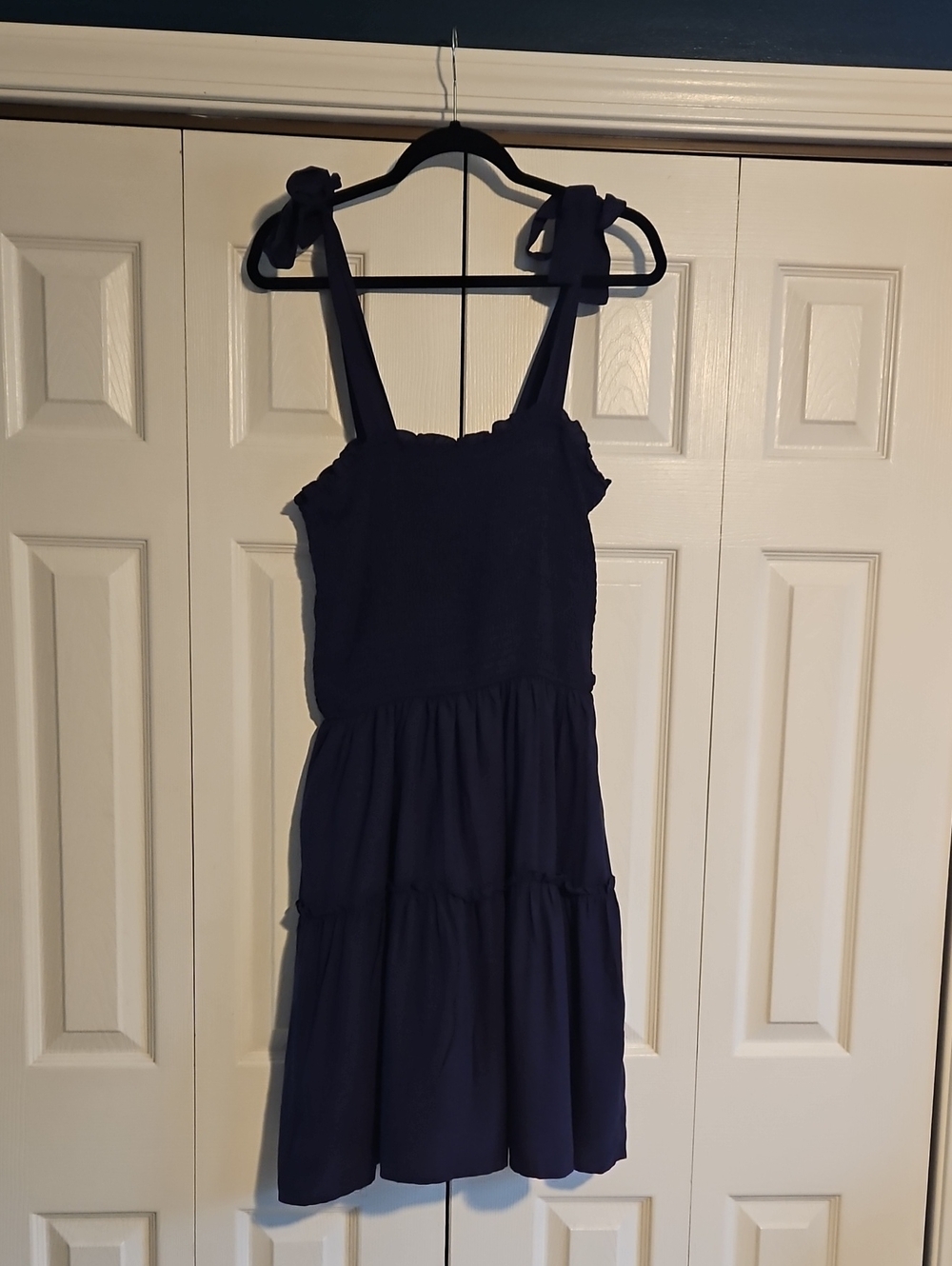 Tie-Shoulder Navy Mini Dress with Tiered Skirt